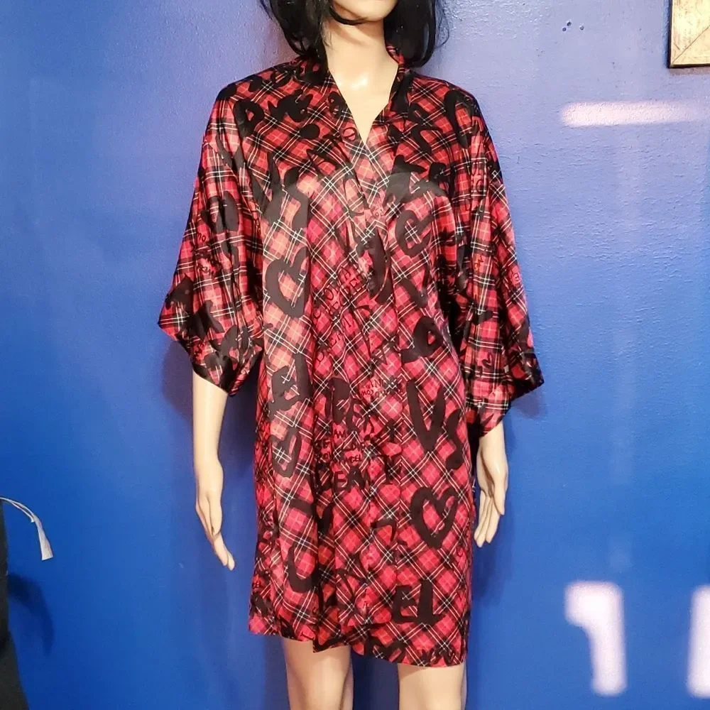 VS Red Plaid Satin Robe - Picture 2 of 7
